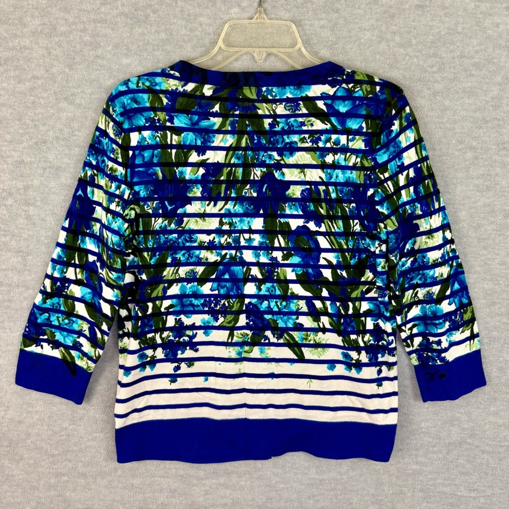 Talbots L Cardigan Sweater 3/4 Sleeve Cotton Blend Blue White Stripes Floral - Picture 4 of 8